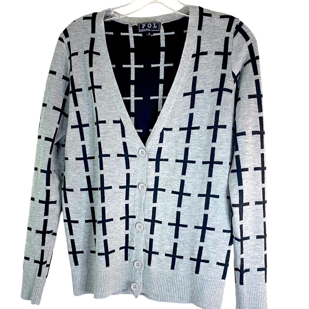 POL V‑Neck Gray Black Cross Pattern Cardigan Fall Casual S 100% Cotton - Picture 2 of 8